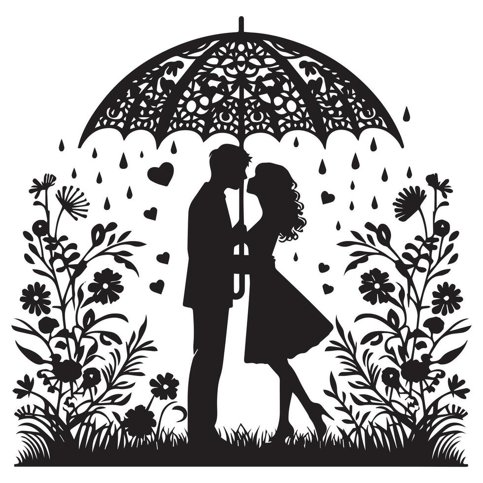 silhouette of a couple under an umbrella vector
