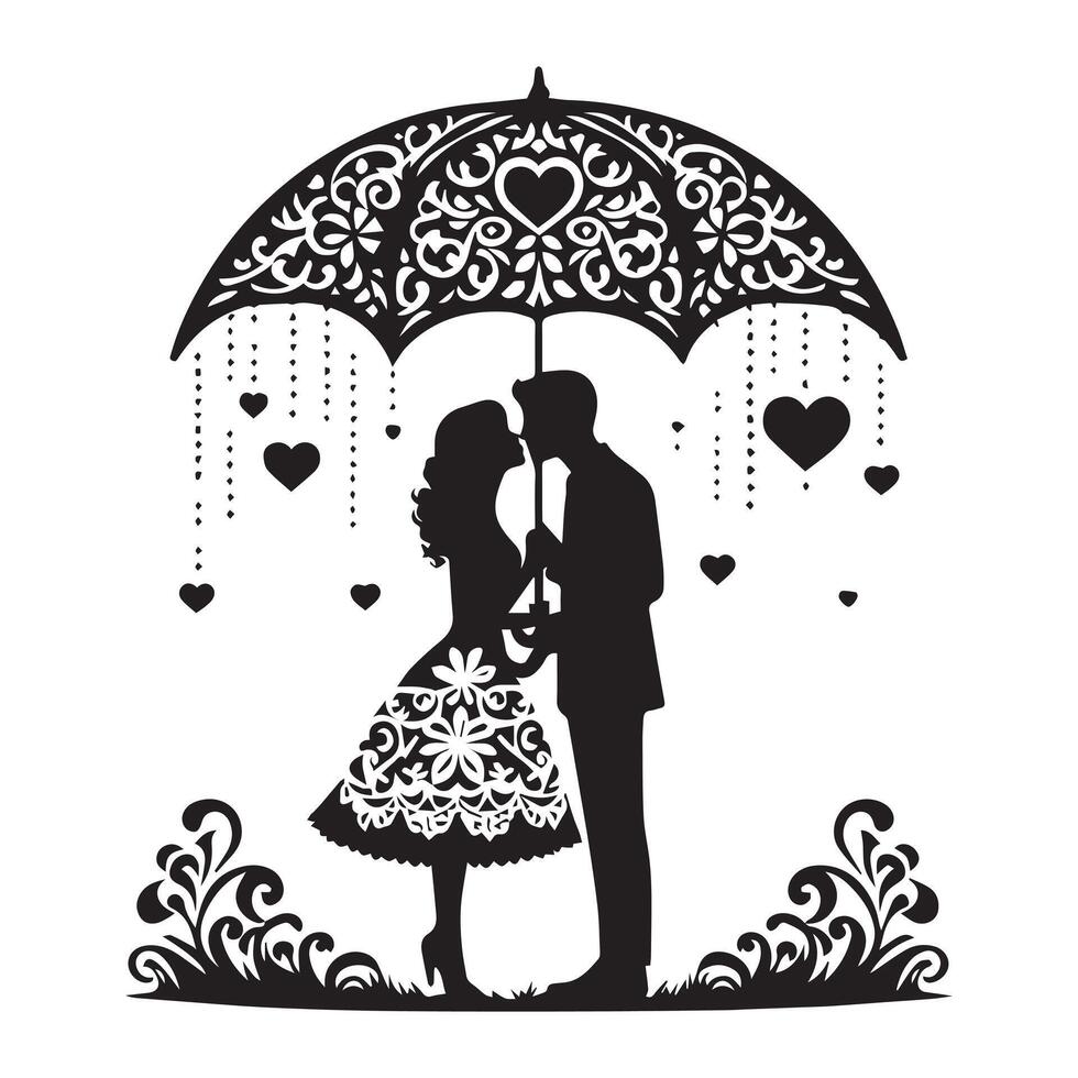 silhouette of a couple under an umbrella white background vector