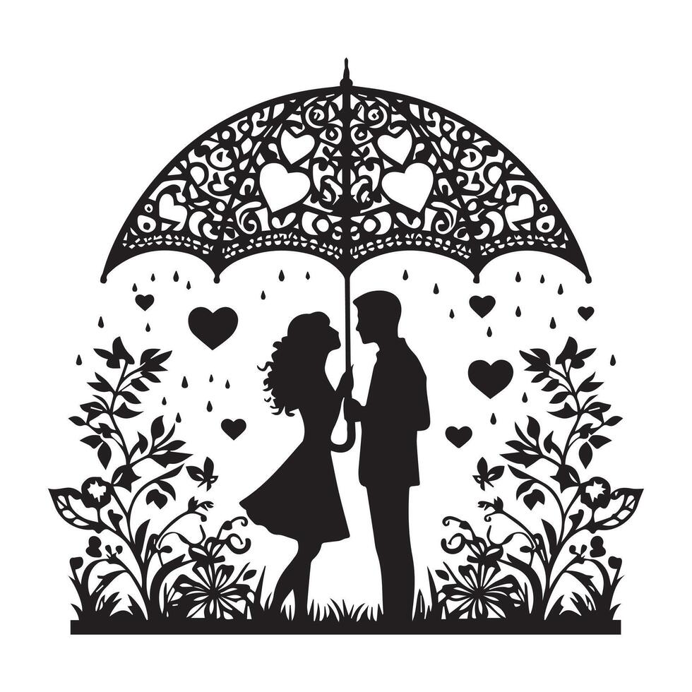 Valentines Day, laser cut, kissing under an umbrella, silhouette style white background. vector
