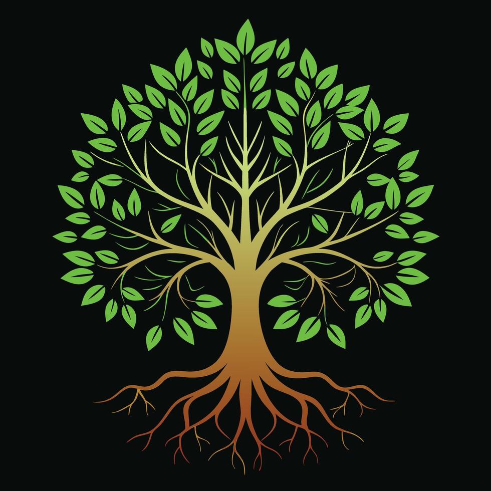 a tree with roots and leaves on a black background vector