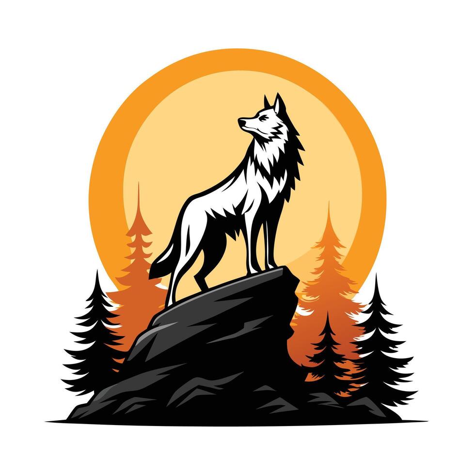 wolf standing on top of a mountain with trees in the background vector