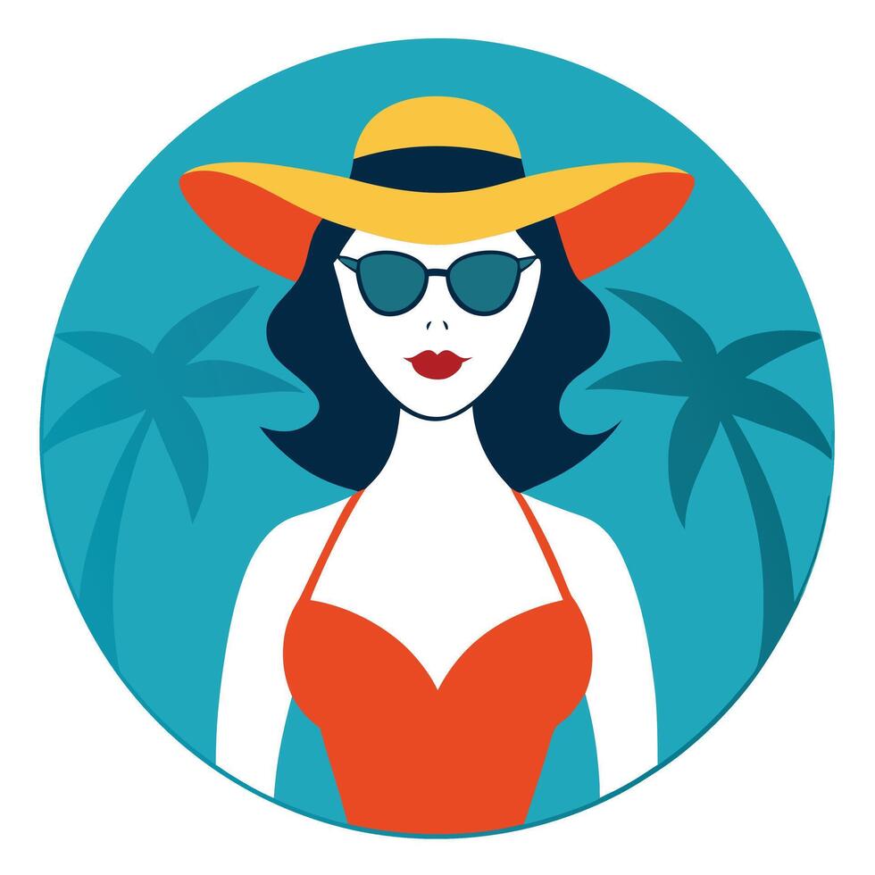a woman in a hat and sunglasses with palm trees vector