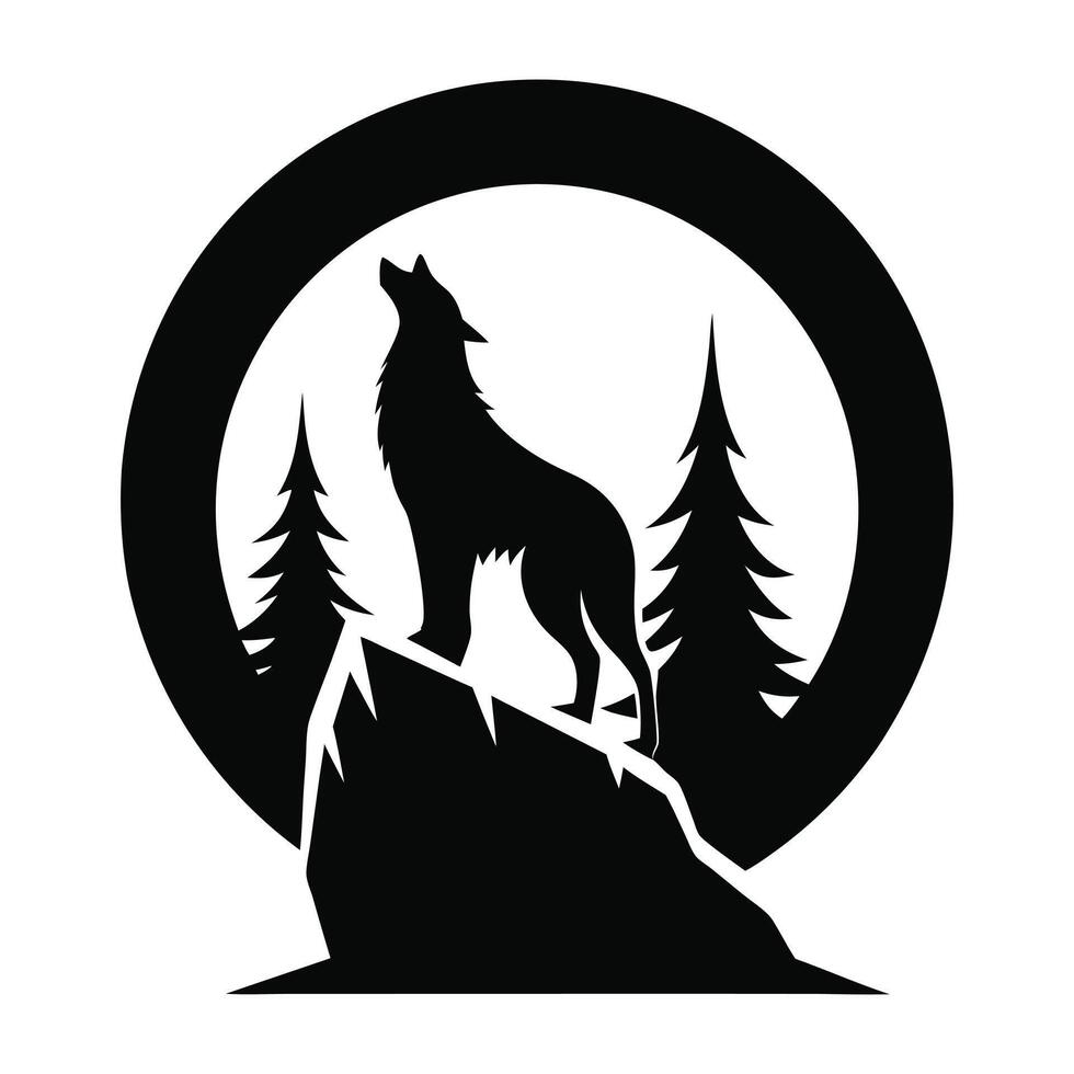 a wolf howling on a mountain top with trees in the background vector