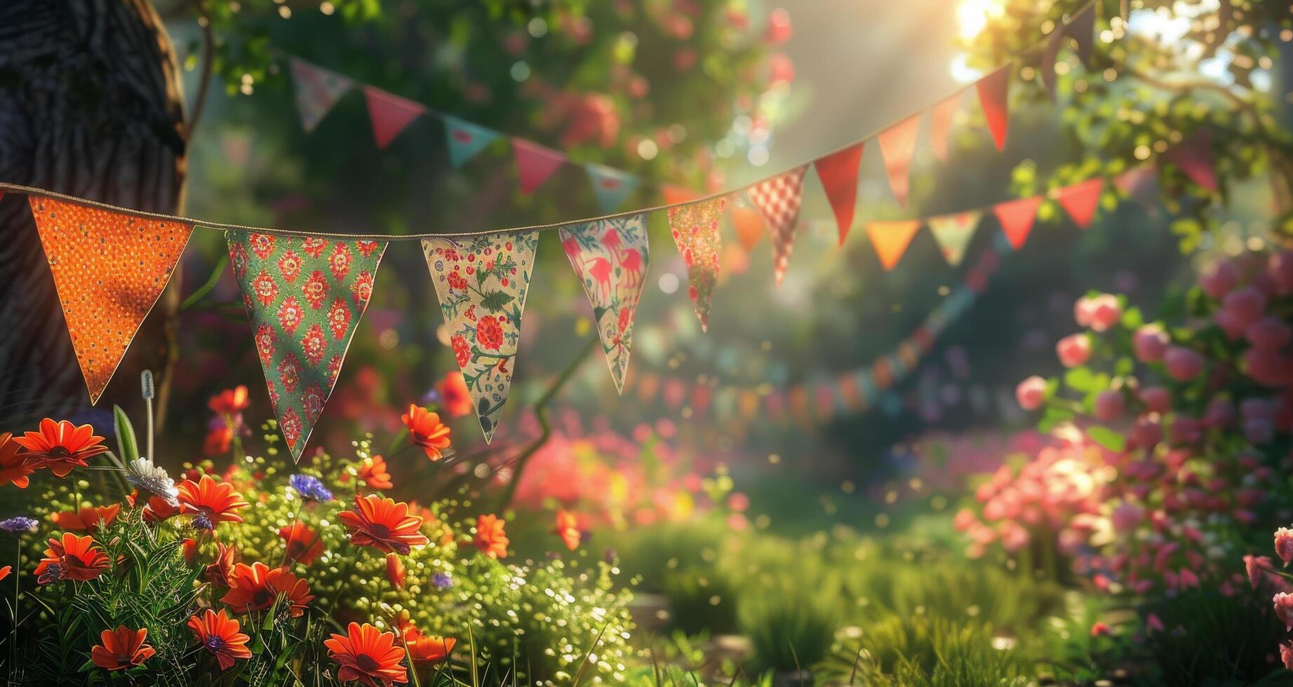 Festive Floral Bunting Decorates Summer Garden at Sunset photo