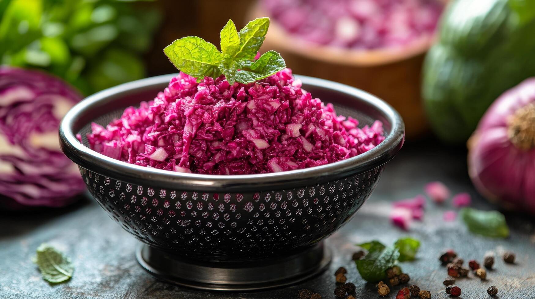 Freshly cut red cabbage with greens in a bowl on a stone countertop photo