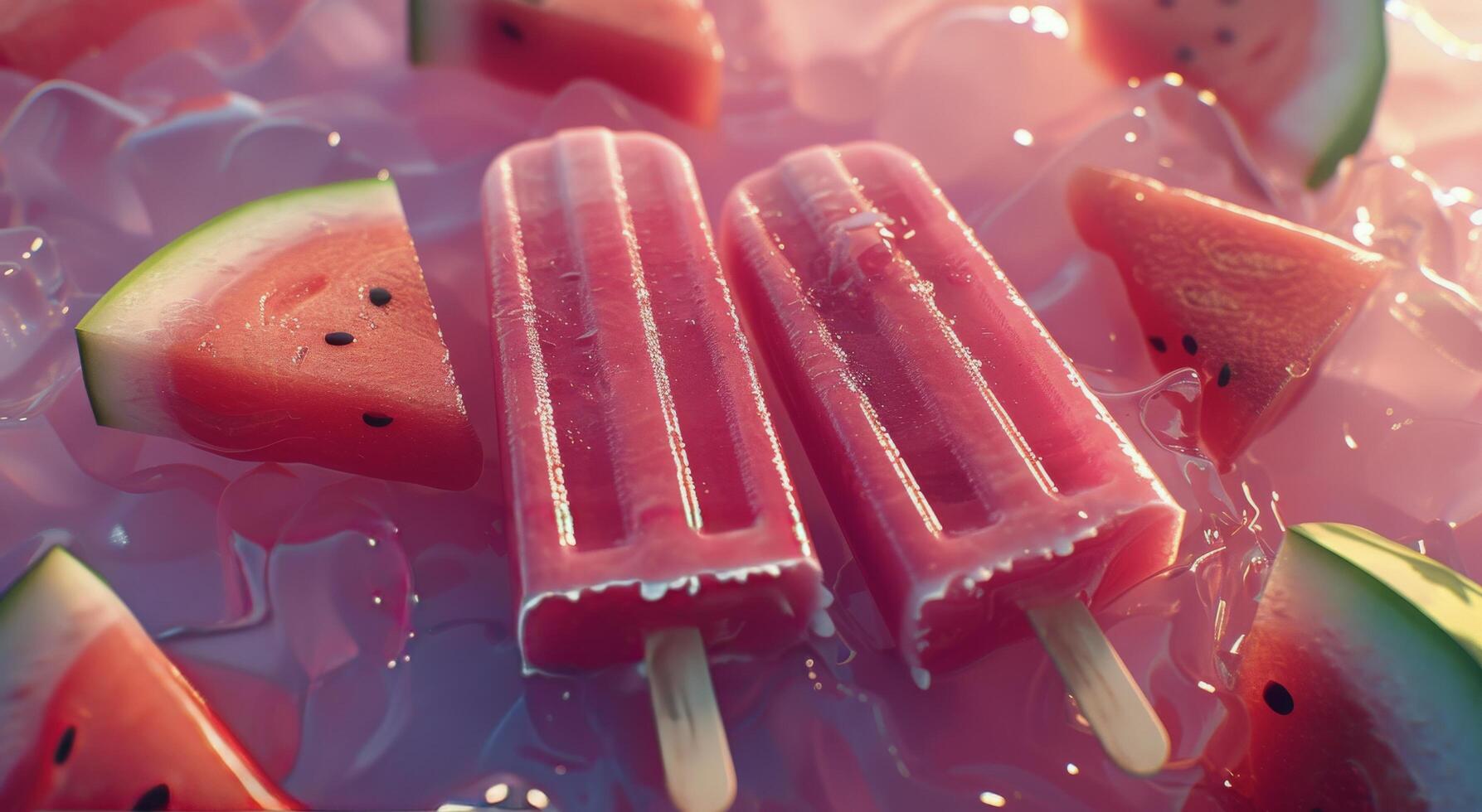 Two Watermelon Popsicles on Ice With Slices of Watermelon photo
