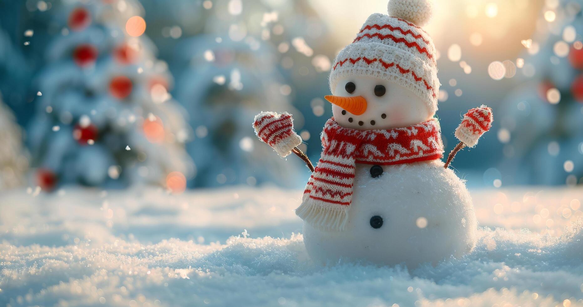 Smiling Snowman Wearing Knitted Hat and Scarf in Snowy Winter Landscape photo