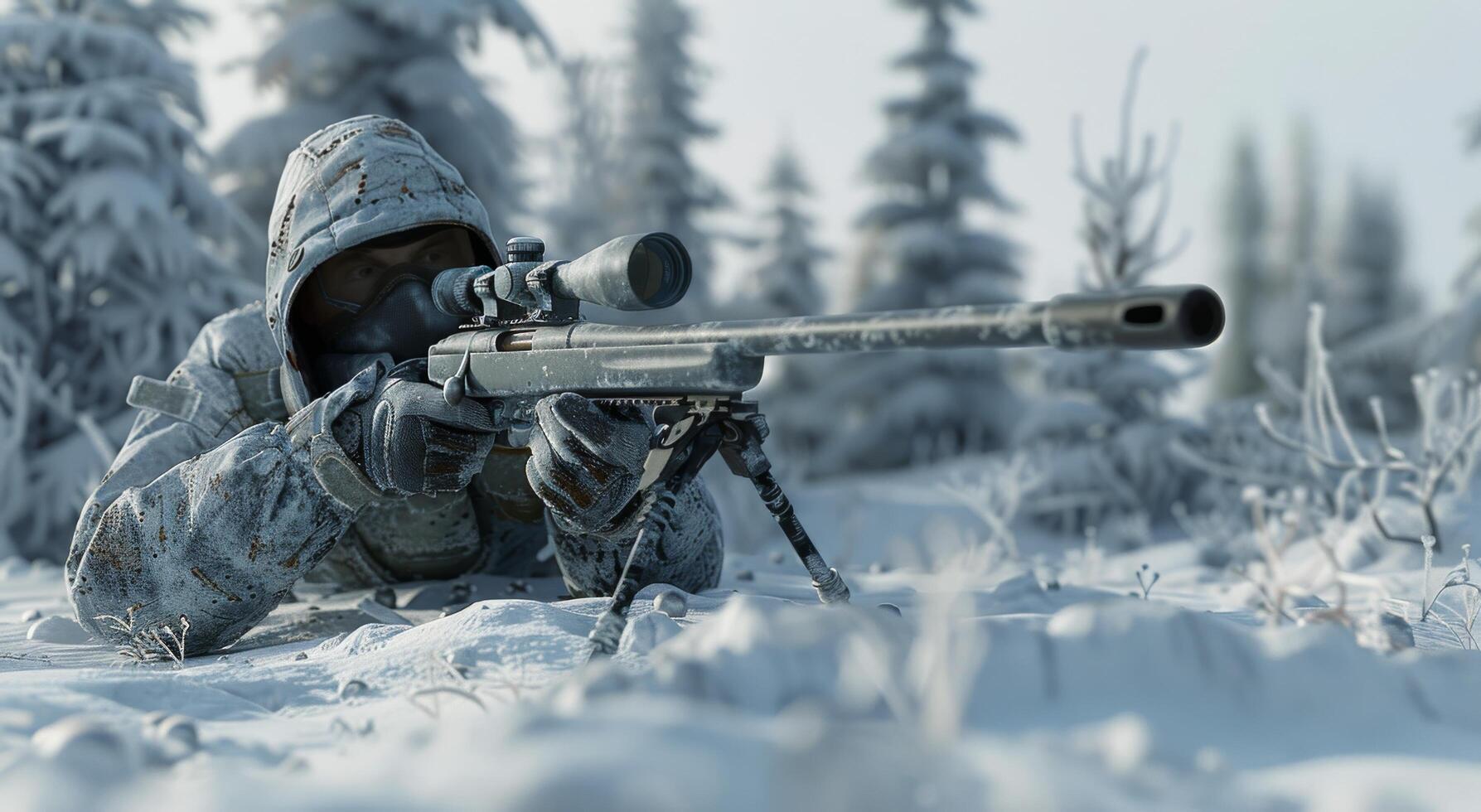 Camouflaged Soldier Aiming Sniper Rifle in Snowy Forest photo