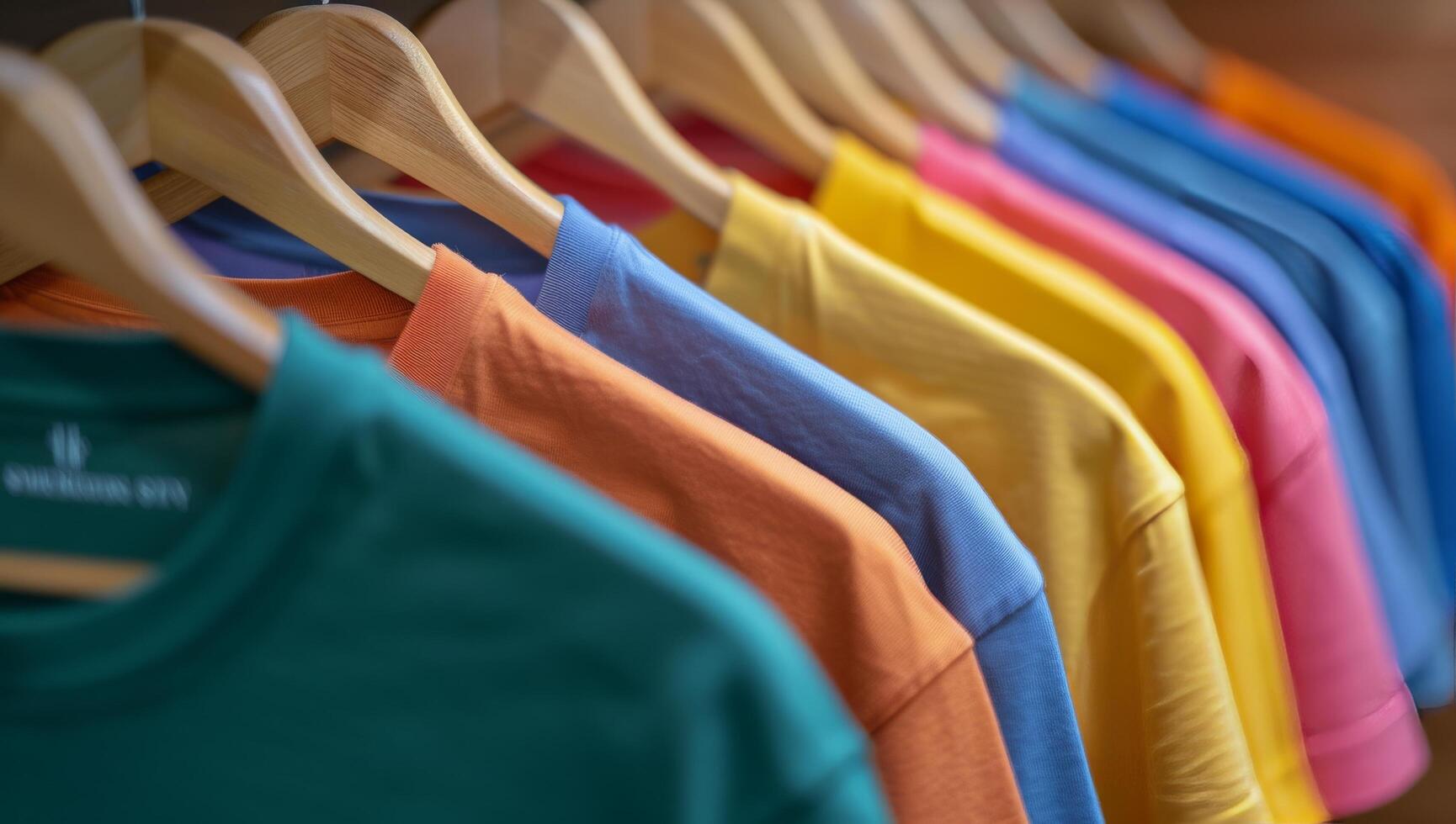 Colorful T-Shirts Hanging on Wooden Hangers in a Retail Store photo