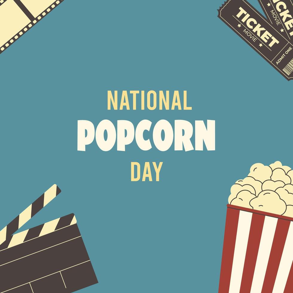 National popcorn day design background.Traditional box of popcorn on isolated retro background.Poster, banner,card. Cinema icon in flat style.Favorite movie theater snack. vector