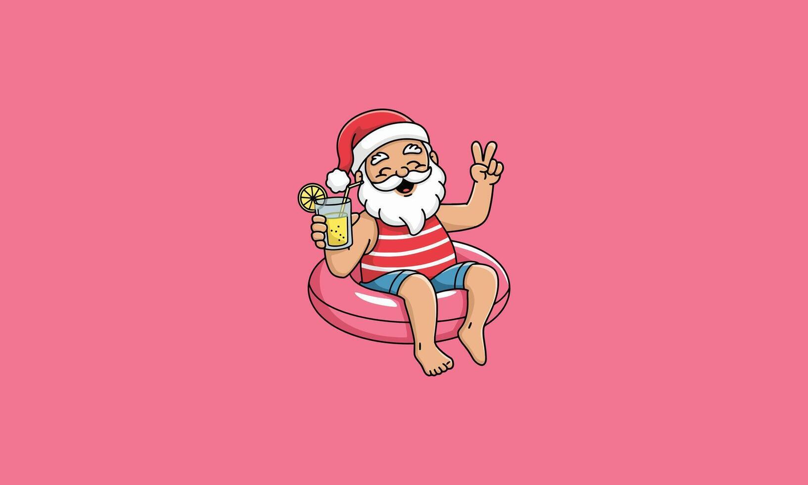 Santa Claus relaxing on a pool float with a drink, peace sign. vector
