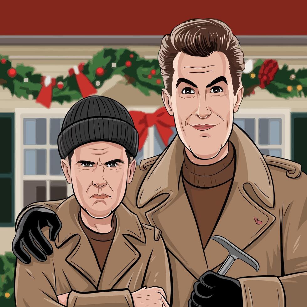 Two cartoon men in winter attire with serious expressions. vector