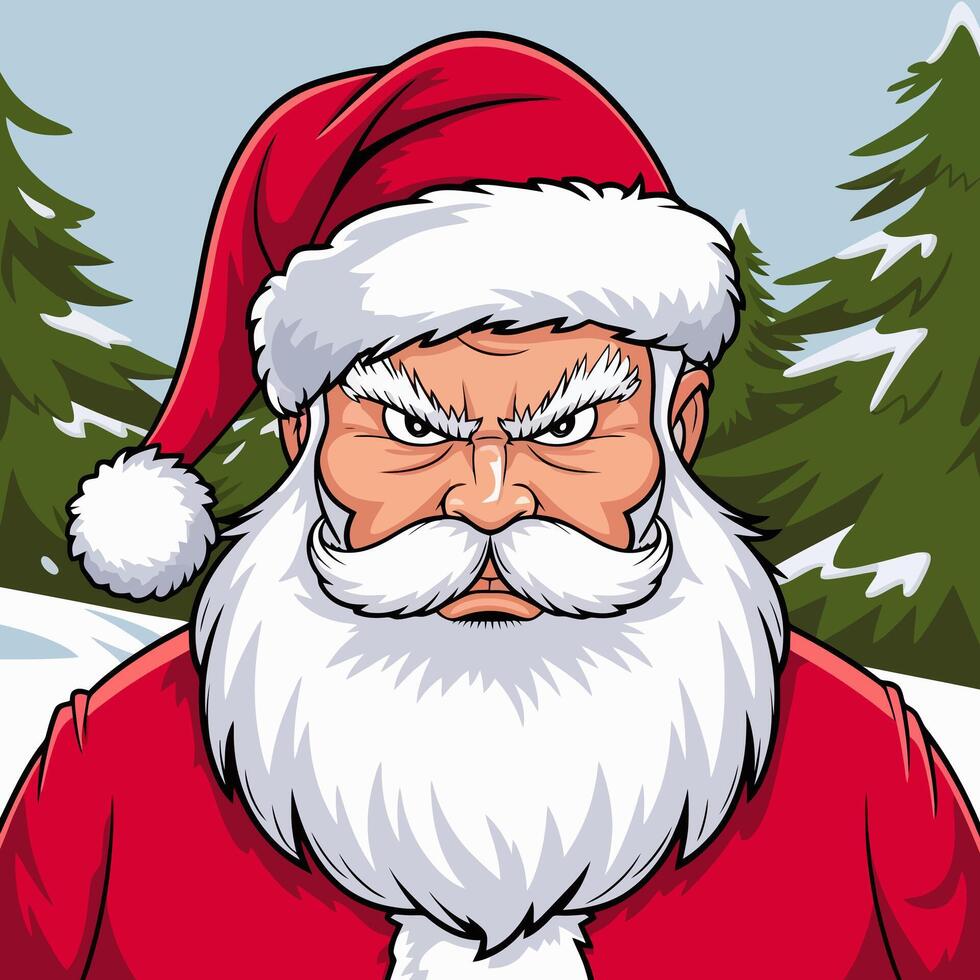Serious Santa Claus with intense expression in snowy forest. vector