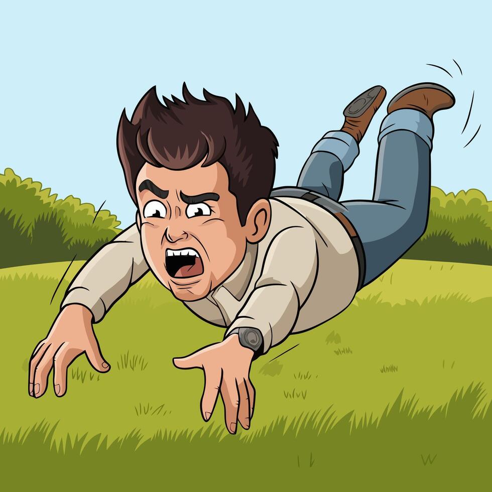 Cartoon man falling forward on grass with a shocked expression. vector