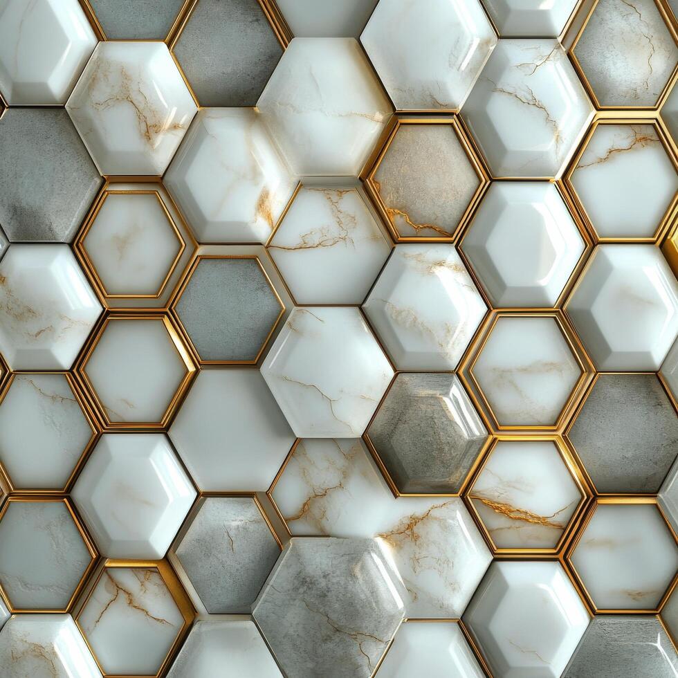Modern geometric pattern of hexagonal tiles with metallic accents on a textured surface photo
