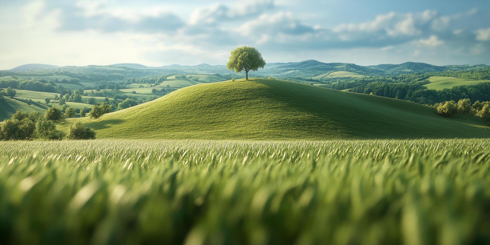 Lush green hills and a solitary tree under a bright sky at dusk photo