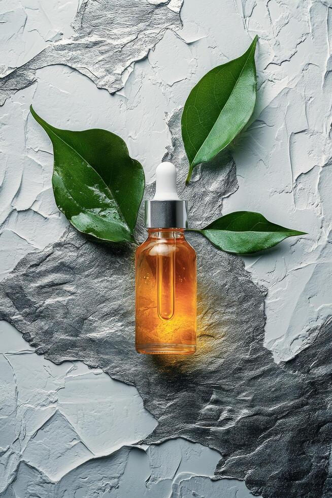 Botanical drops on textured surface with green leaves and liquid container photo