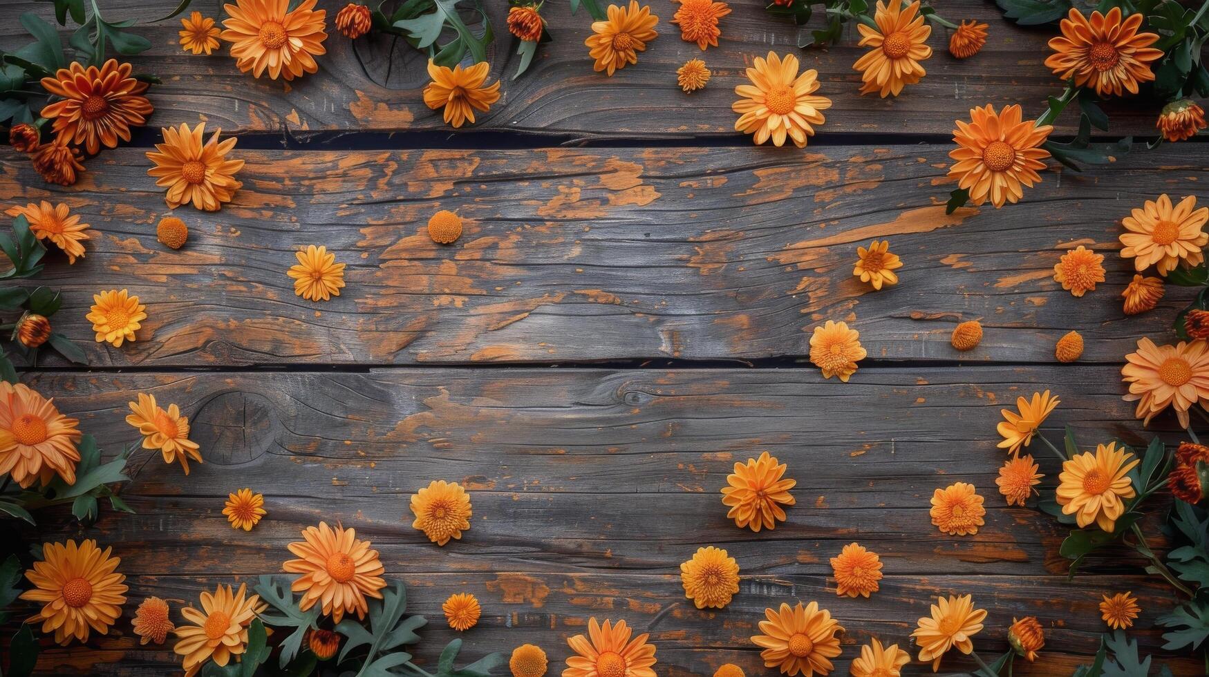 Orange Flowers and Petals Scattered on Brown Wooden Plank Background photo