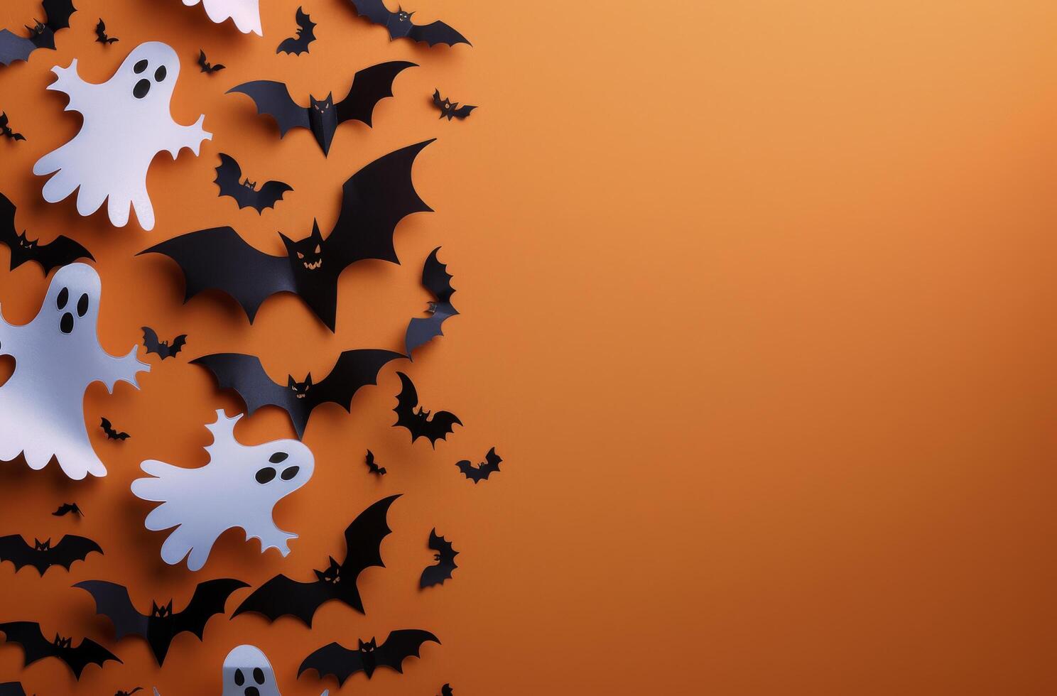 Paper Bats and Ghosts on Orange Background for Halloween photo