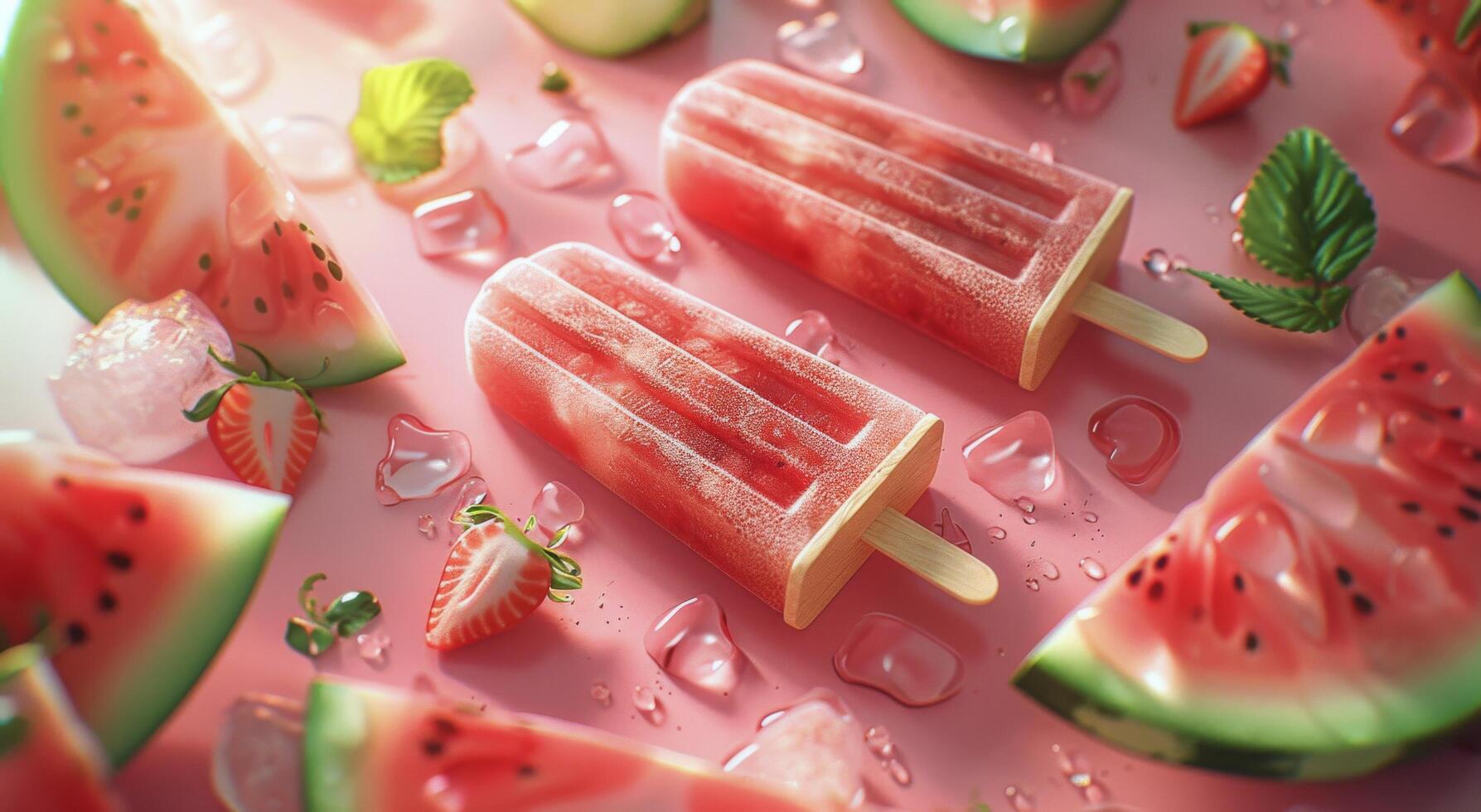 Two Watermelon Popsicles on Ice With Slices of Watermelon photo