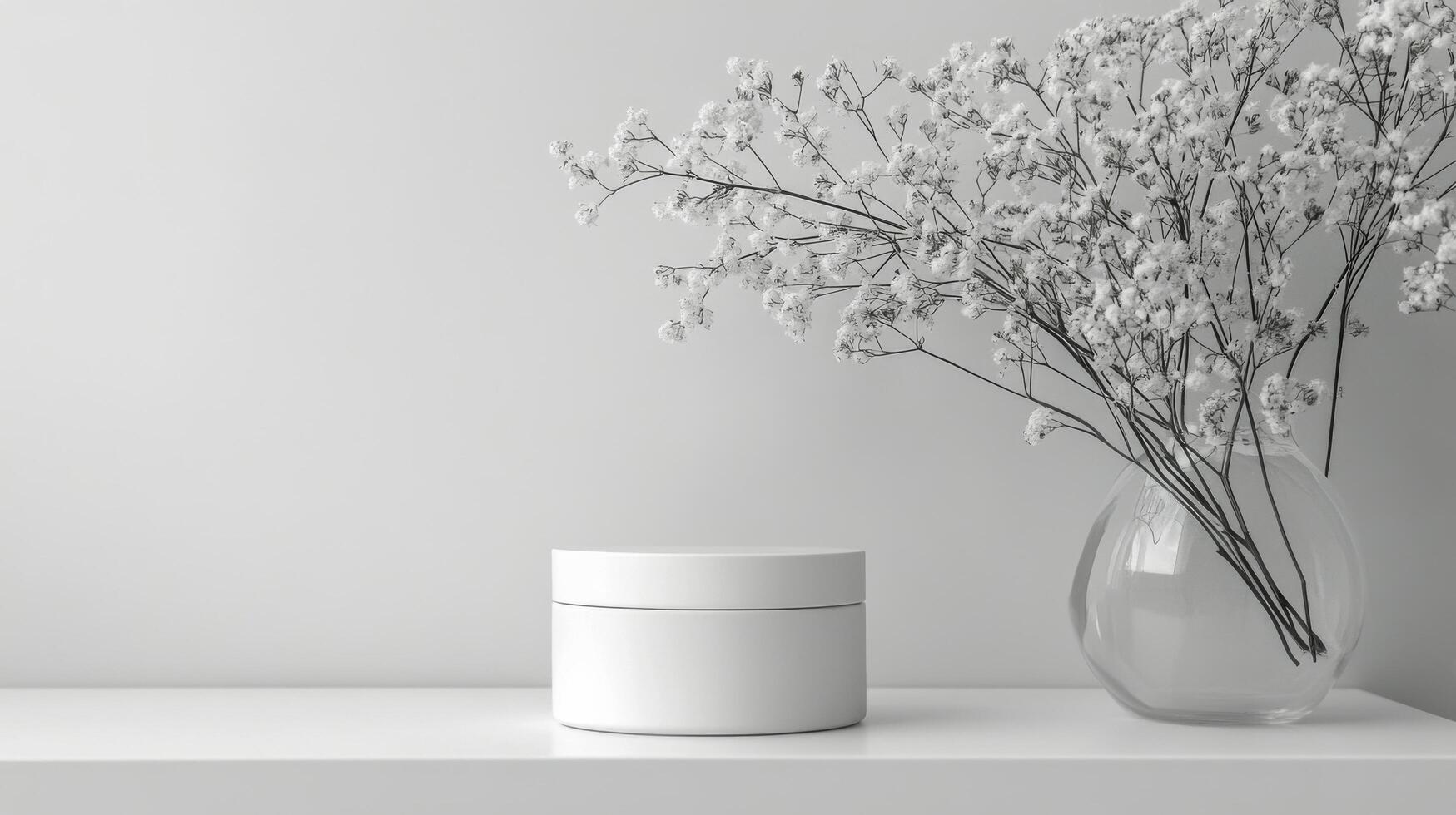 A minimalist white round table with a cylindrical object and shadows in a serene indoor setting photo