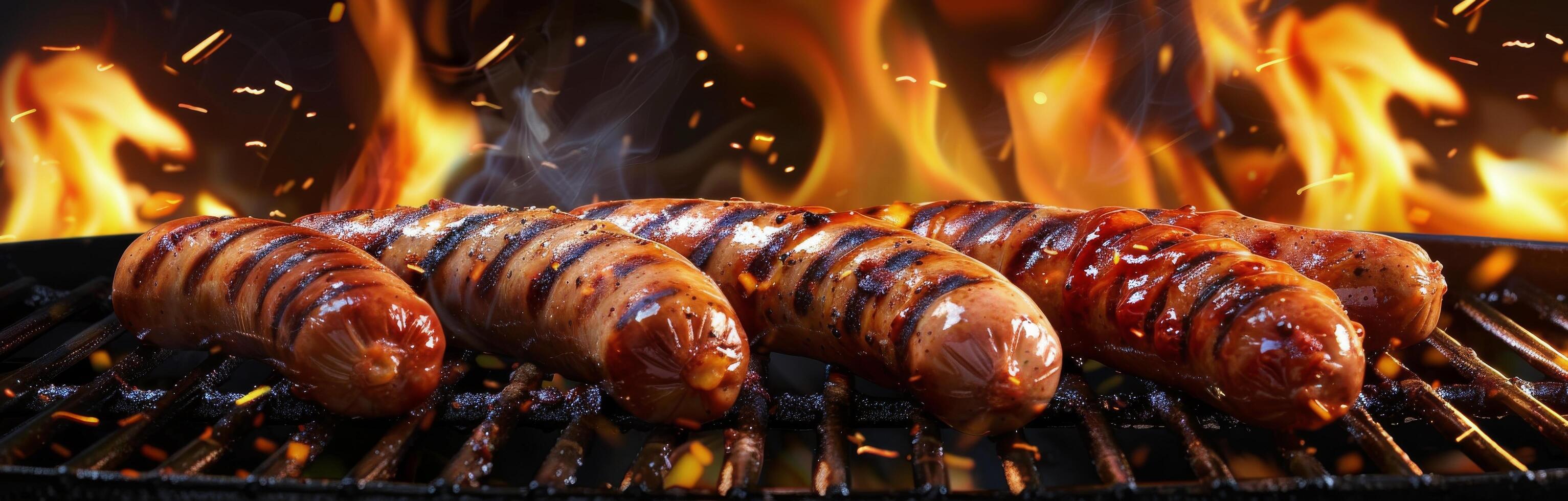 Grilled Sausages Cooking Over Flames on a Barbecue Grill photo