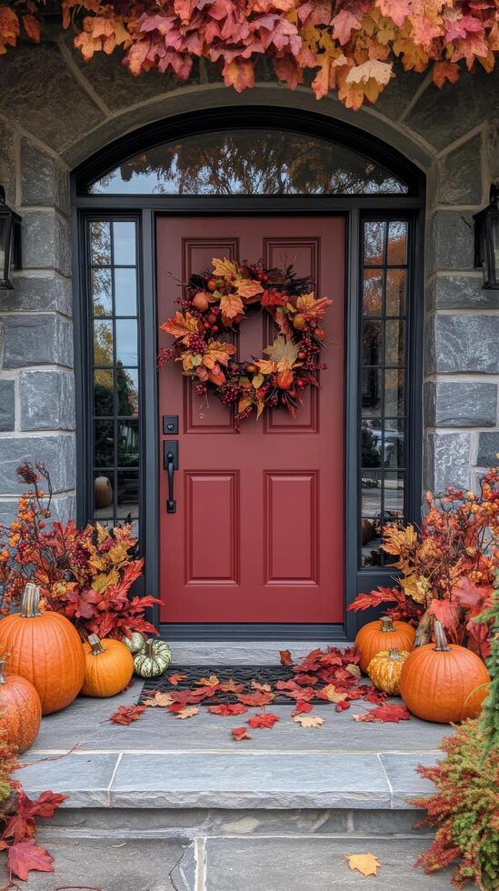 A warm autumn entrance with a decorated door, pumpkins, and falling leaves in a cozy neighborhood photo