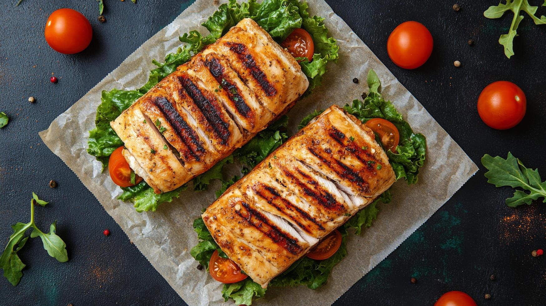 Grilled chicken sandwich with lettuce and tomato on yellow background photo