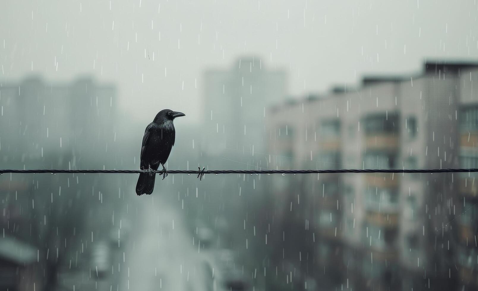 Crow Perched on Wire in Rainy City photo