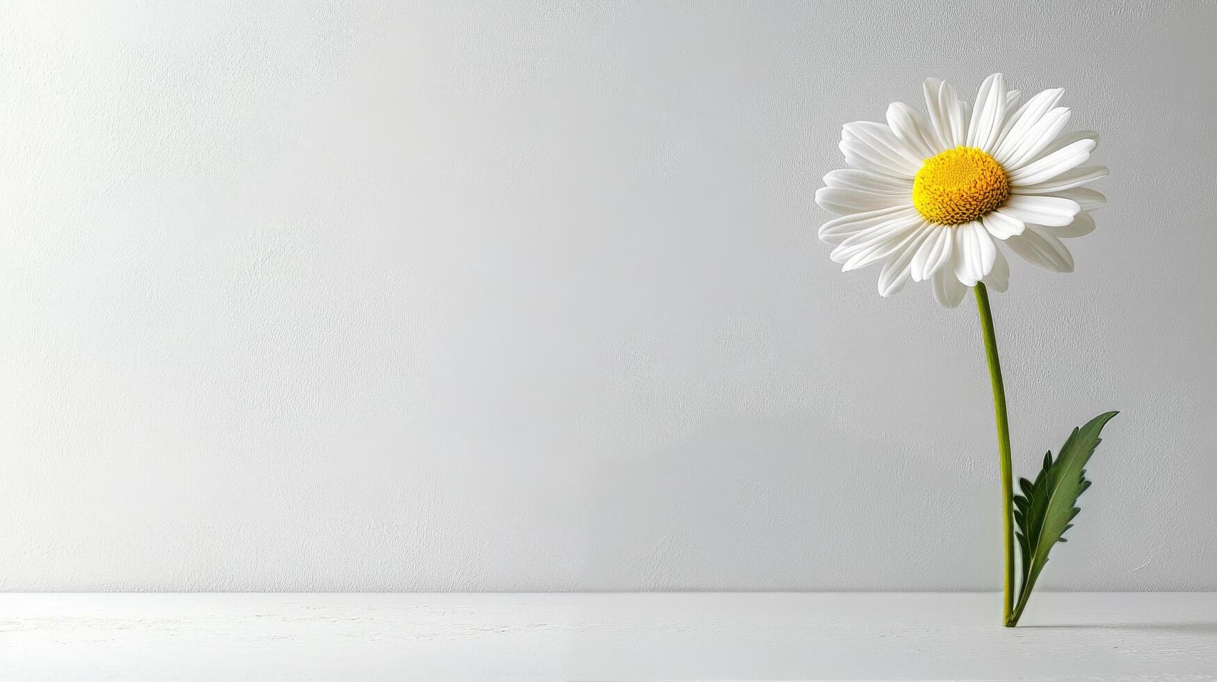 A single daisy standing tall on a white background with soft natural light illuminating it photo