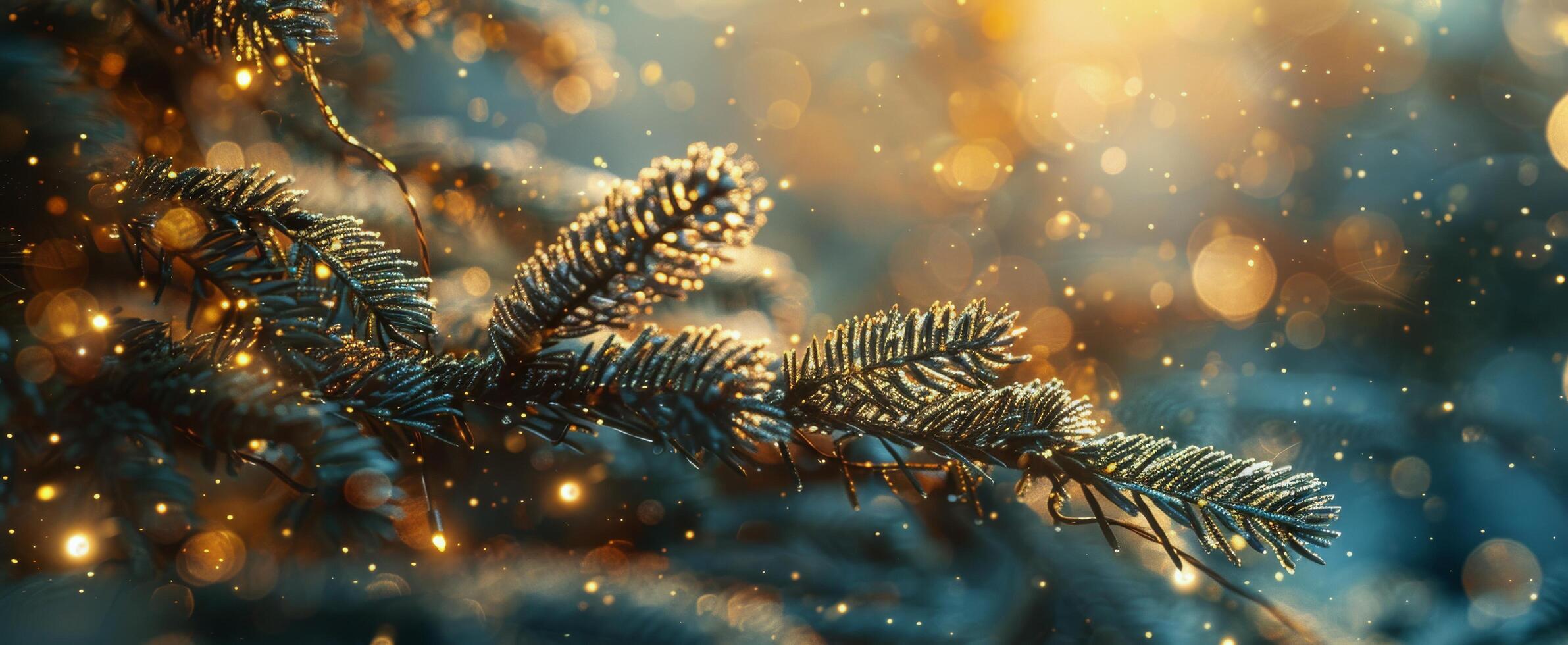 Closeup of Evergreen Tree Branch With Sparkling Lights and Bokeh During Winter photo
