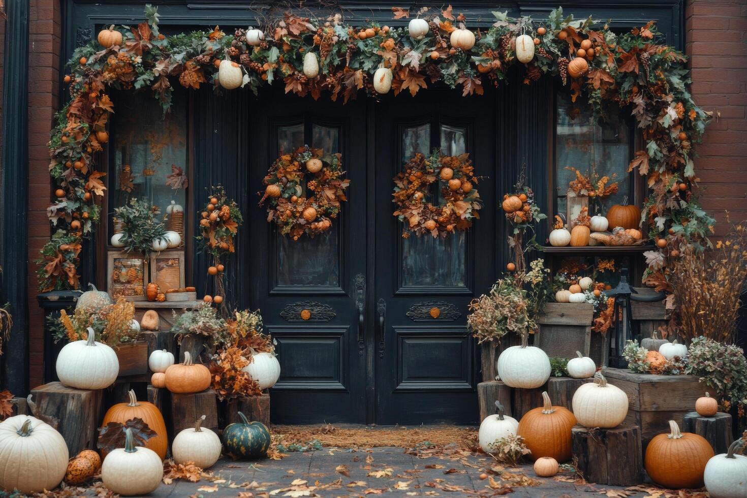 A beautifully decorated entrance with pumpkins and autumn foliage in a seasonal display photo