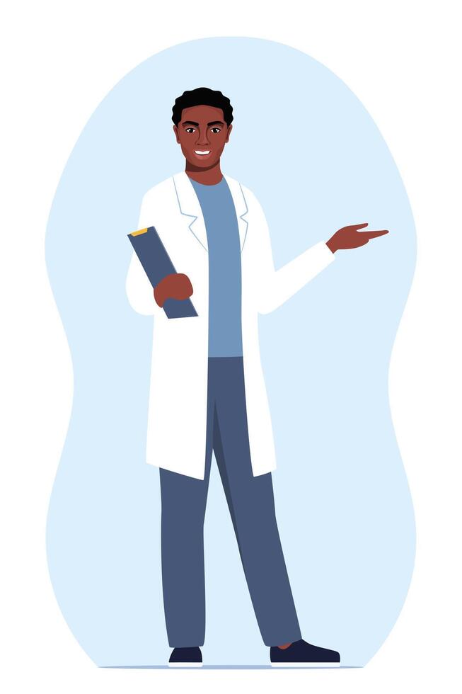 Doctor in medical uniform pointing and showing something with hand. Medicine worker black man explaining and presenting something. flat illustration. vector