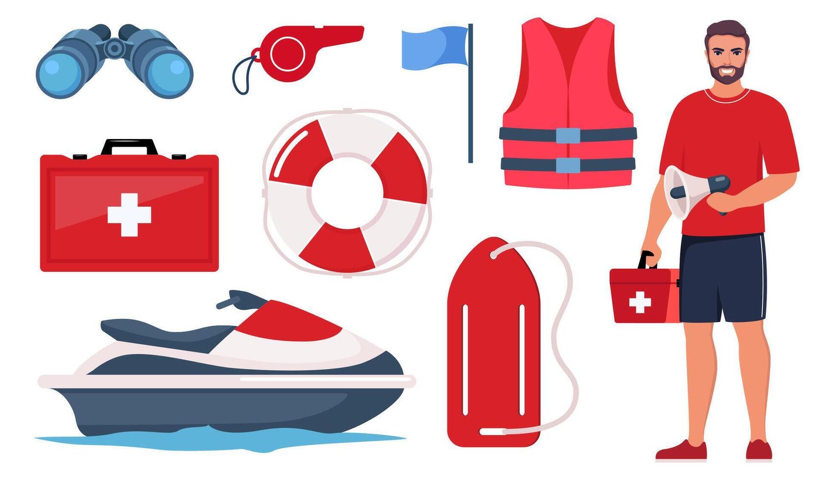 Beach lifeguards equipment set. Loudspeaker, sunglasses, lifebuoy, lifeguards tower, first aid kit, life rescue jacket, binoculars, whistle, stretcher. illustration. vector