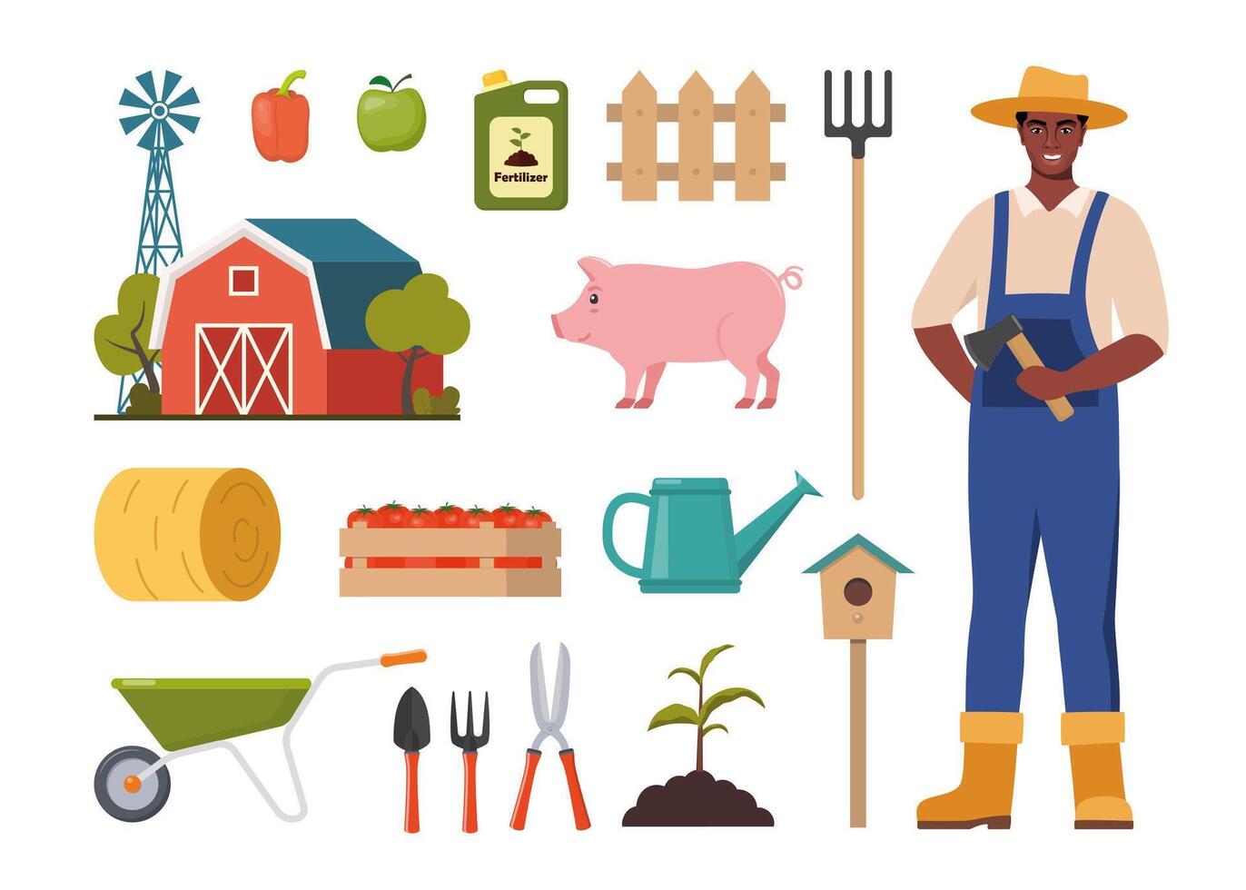 Farmer character and different farm elements. Black Man farmer, barn, pig, fertilizer, haystack, cart, crop, pitchfork, watering can, plant. Set of elements on farm theme. illustration. vector
