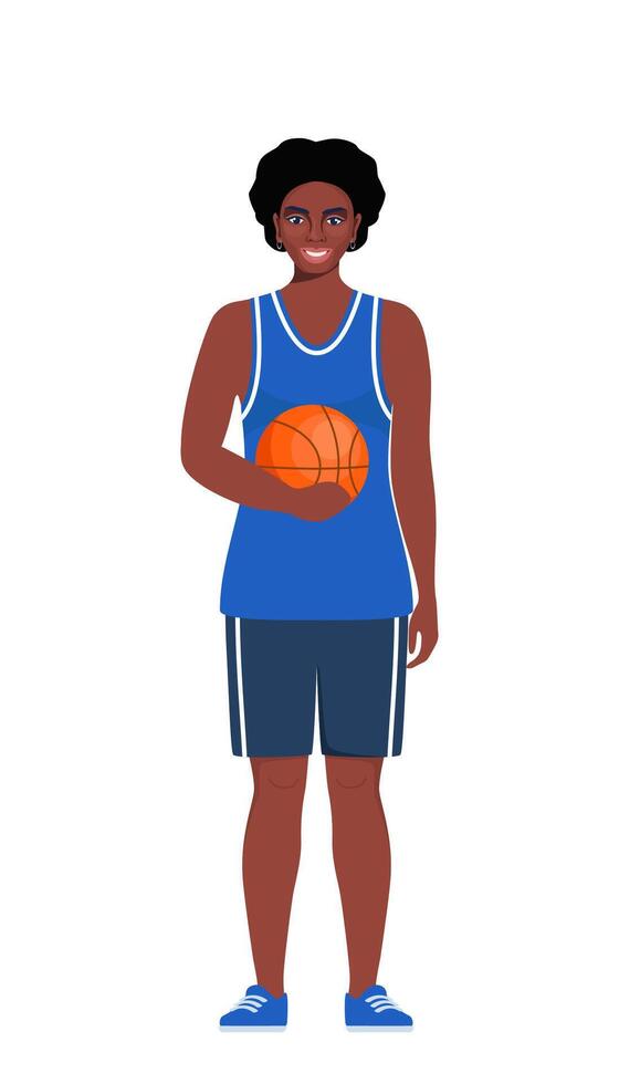 Happy black woman basketball player in uniform with ball isolated on white background. illustration. vector