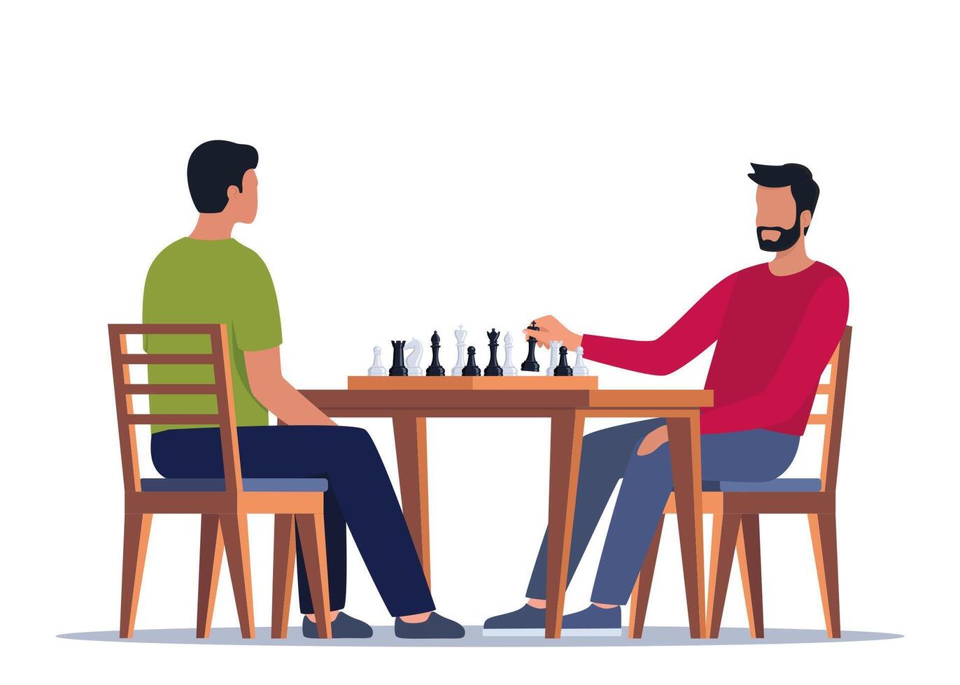 Men playing chess at game board at table. Chessboard players competitors, two rivals at international tournament, competition, match. illustration. vector