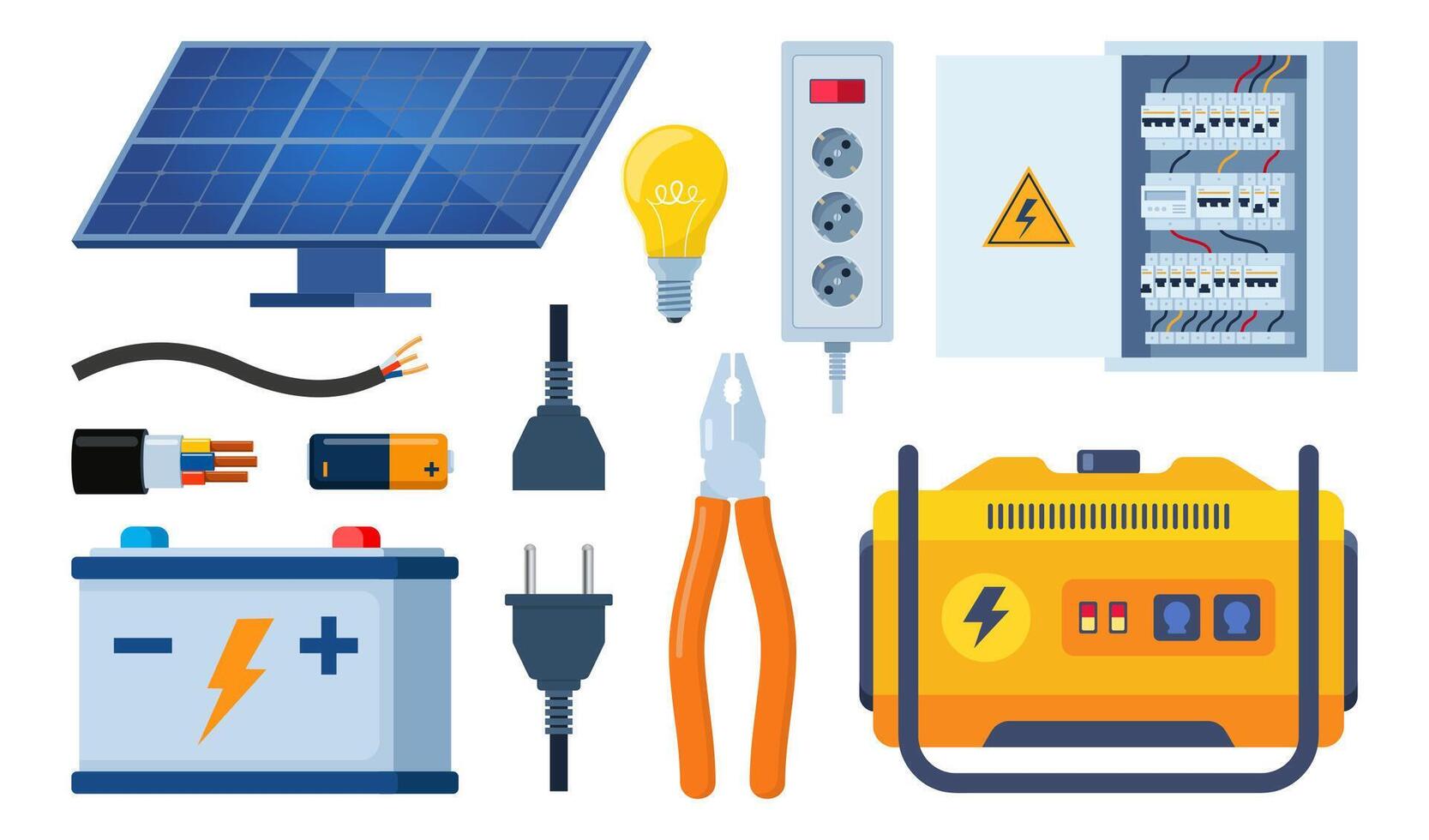 Essential Electrical Repair Tools for Professional Technician, Socket Maintenance Service. Electrician worker equipment for electric power system inspection. Electricity, energy concept. . vector
