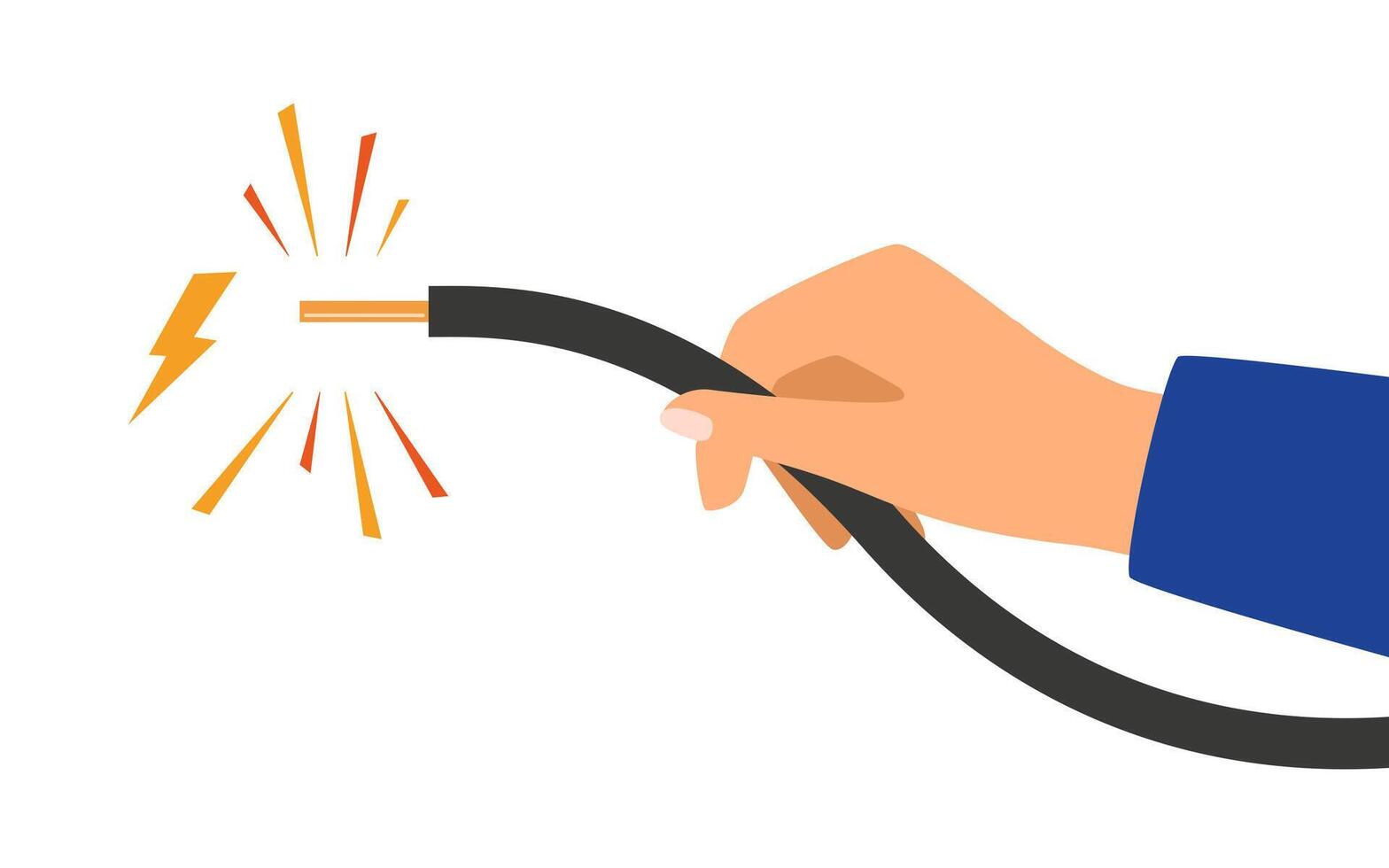 Hand holding broken electrical cable with electric spark. Electric broken cable isolated on white background. vector