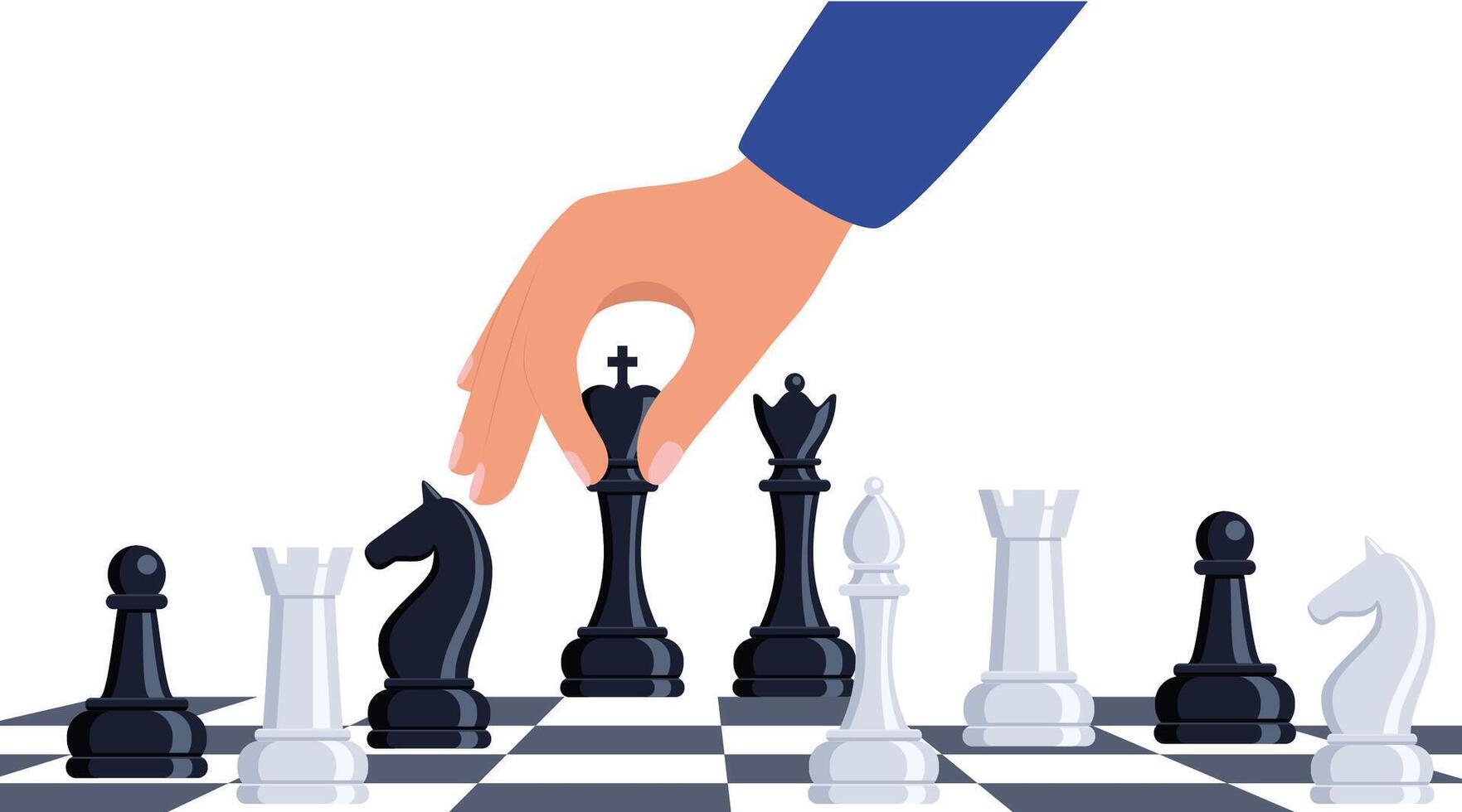 Playing chess. Hand moving chessman piece king. Chess game tournament, thinking intelligence competition. illustration. vector