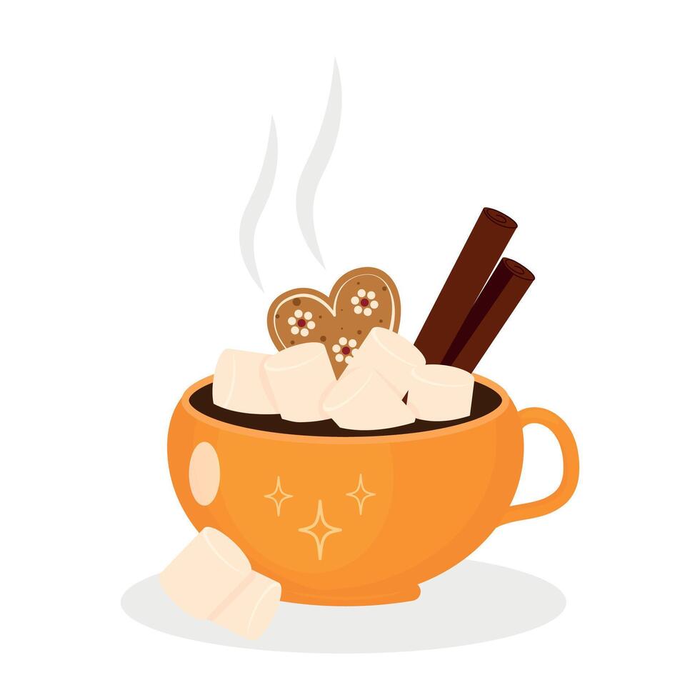 Cup of hot aromatic chocolate or cocoa with marshmallows and cinnamon isolated on white background. illustration vector