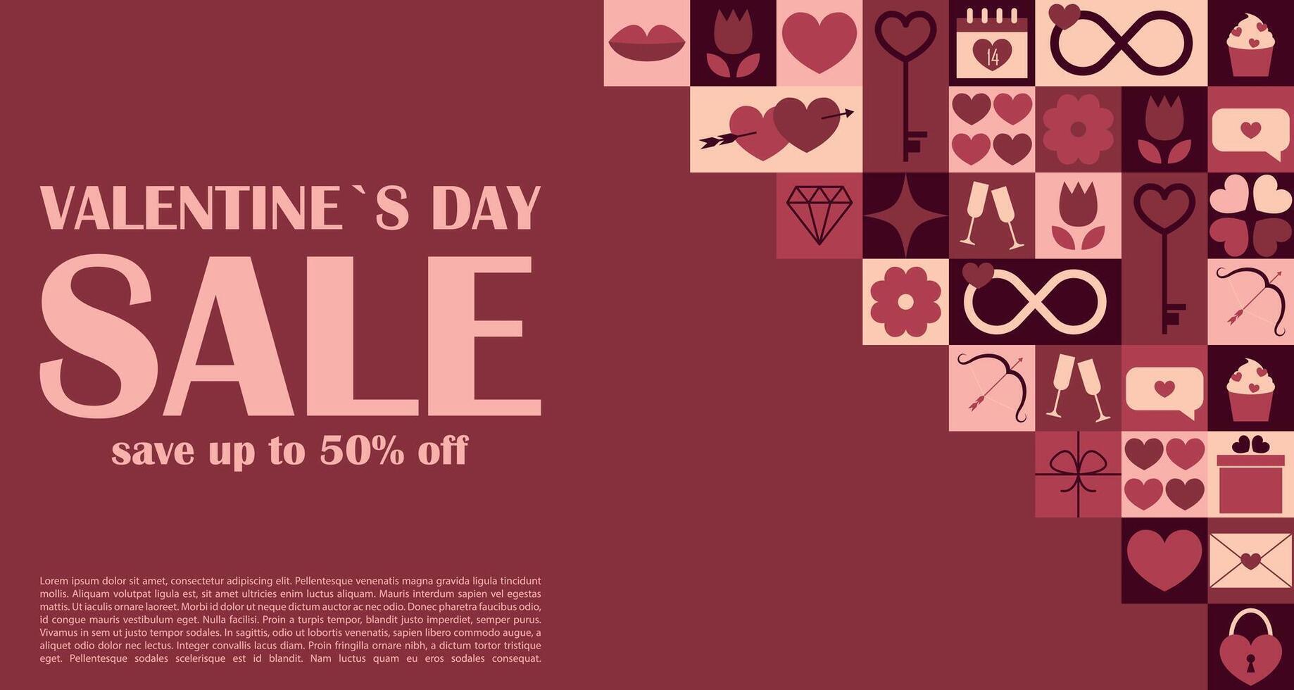 Valentines day Sale banner, flyer with symbols of holiday and love on geometric background. Romantic advertise of discounts and invitation for shopping. illustration vector