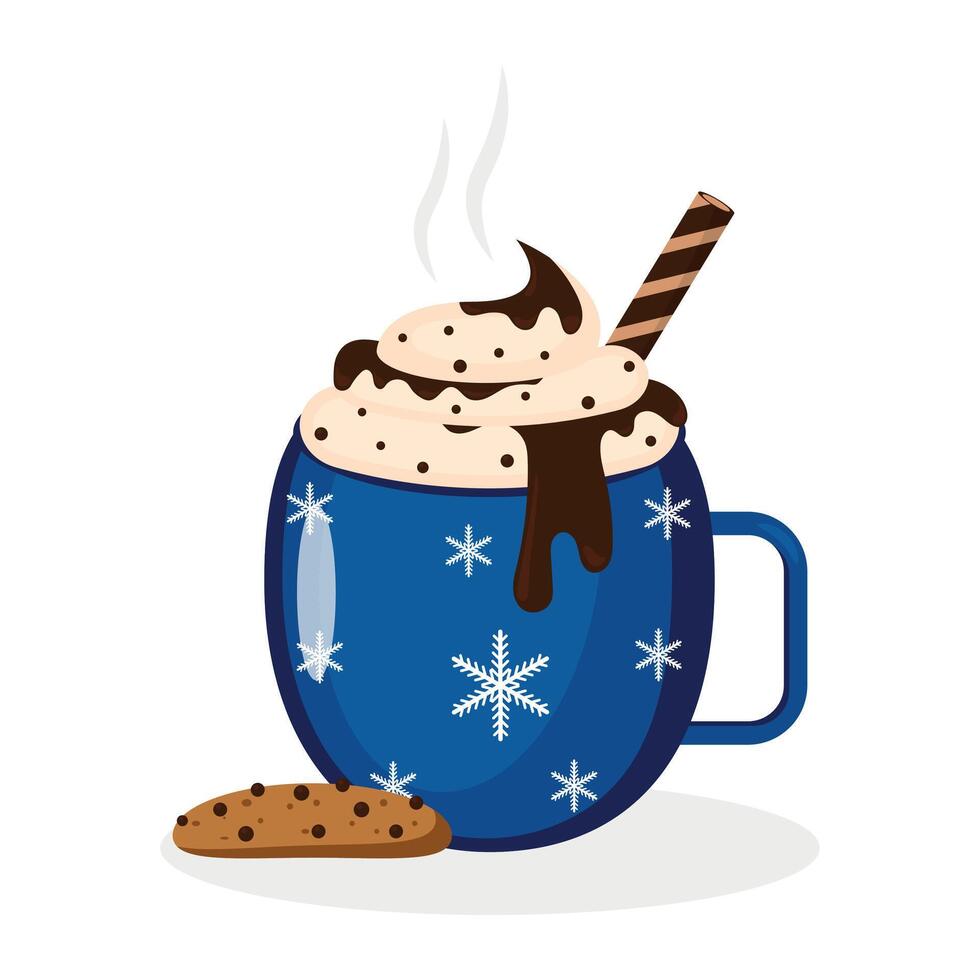 Cup of hot chocolate with whipped cream. Mug of winter aromatic drink isolated on white background. illustration vector