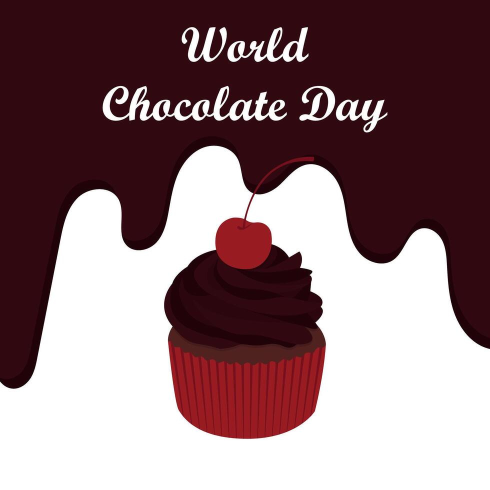 Festive banner design for World Chocolate Day. Chocolate cupcake with cherries on background of flowing chocolate. illustration vector
