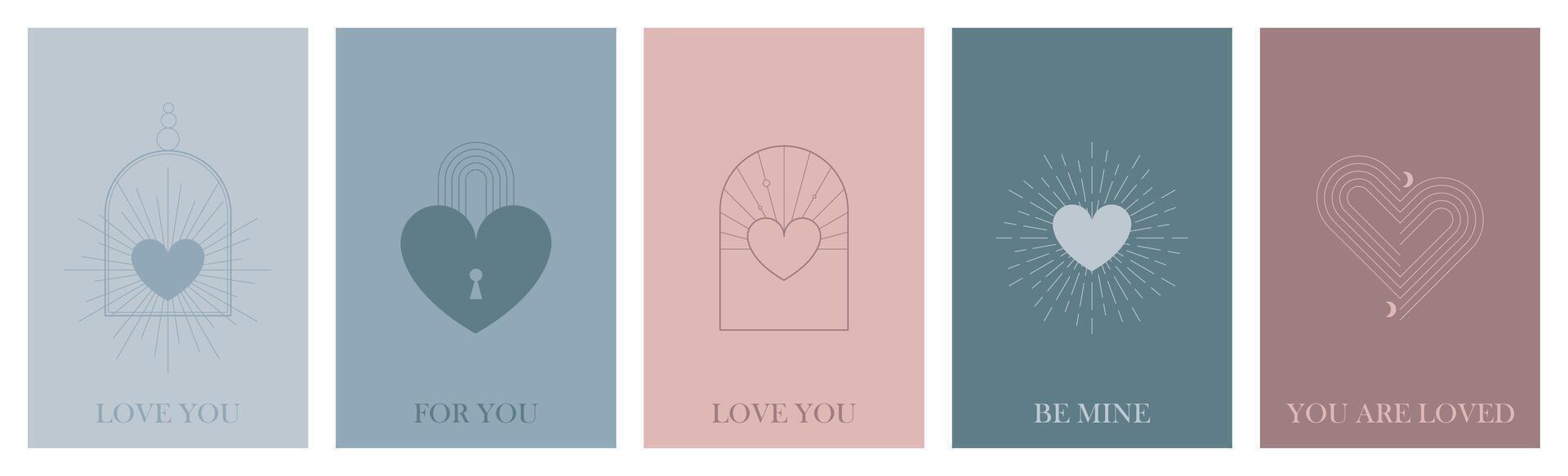 Minimalist Bohemian Valentine's Day cards and wall art prints featuring hearts, sun, and rainbow. Design templates with geometric abstract elements for decoration. illustration vector