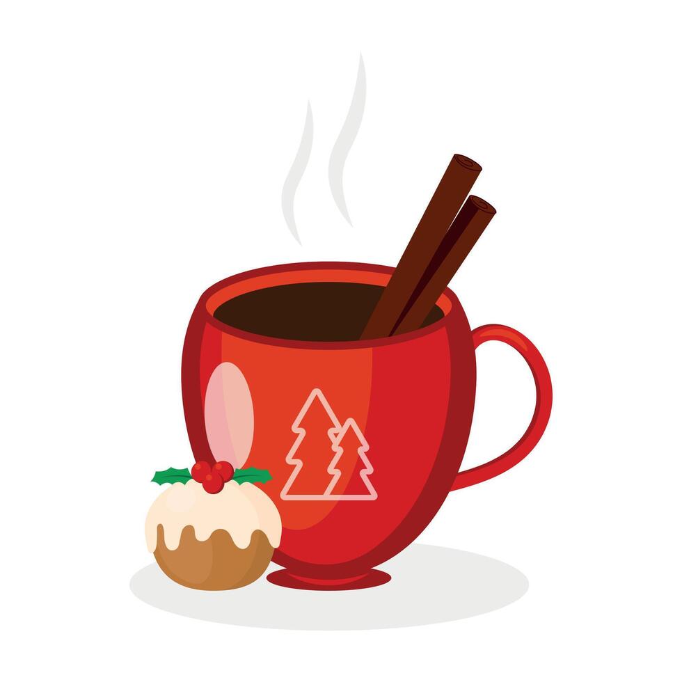 Red cup of hot aromatic coffee with cinnamon sticks and Christmas cupcake isolated on a white background. illustration vector