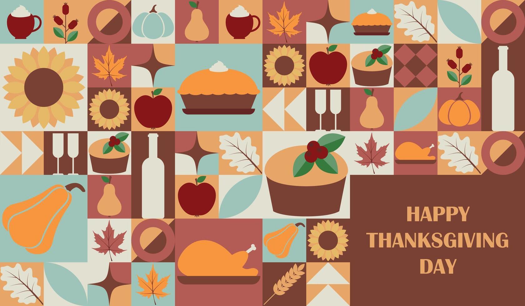 Thanksgiving horizontal banner with Bauhaus geometric elements including pumpkin, pie, turkey, sunflower, rosehip, maple leaf, oak leaf vector
