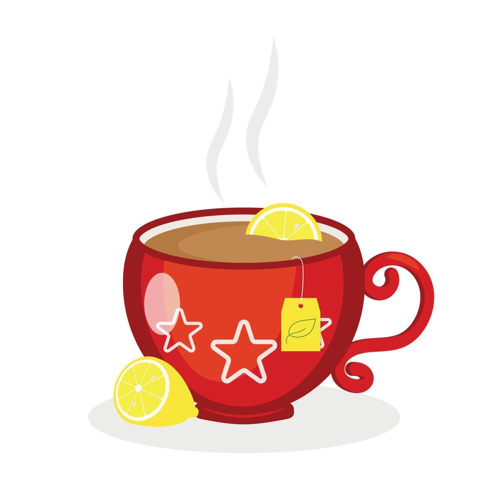 Cup of hot aromatic tea with slice of lemon. Healthy lifestyle concept. illustration on white background vector