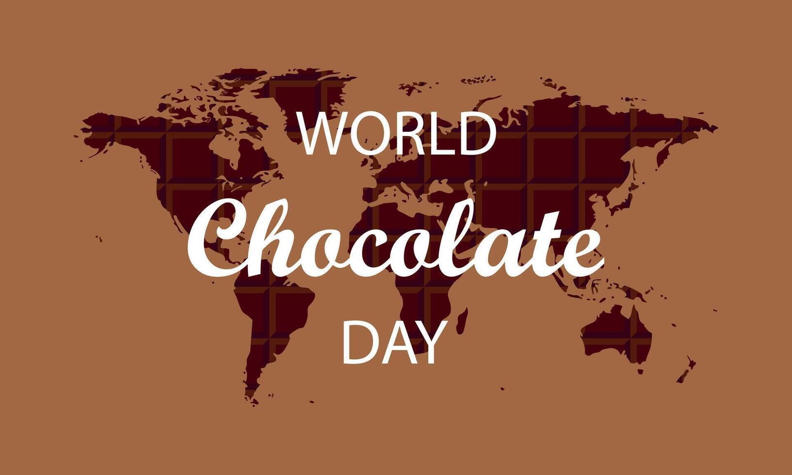 Festive banner design for world chocolate day. World map in the form of chocolate bar with an inscription in the foreground. illustration vector