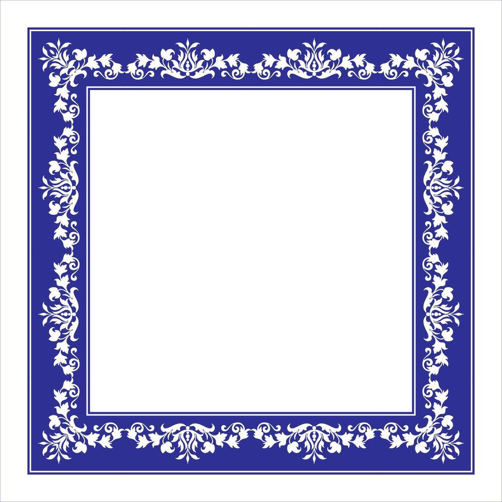Beautiful square frame arabesque. Vintage, ethnic frame with arabesques EPS. Blue with white frame. Pattern frame for square surfac, household utensil, textile, embroidery vector